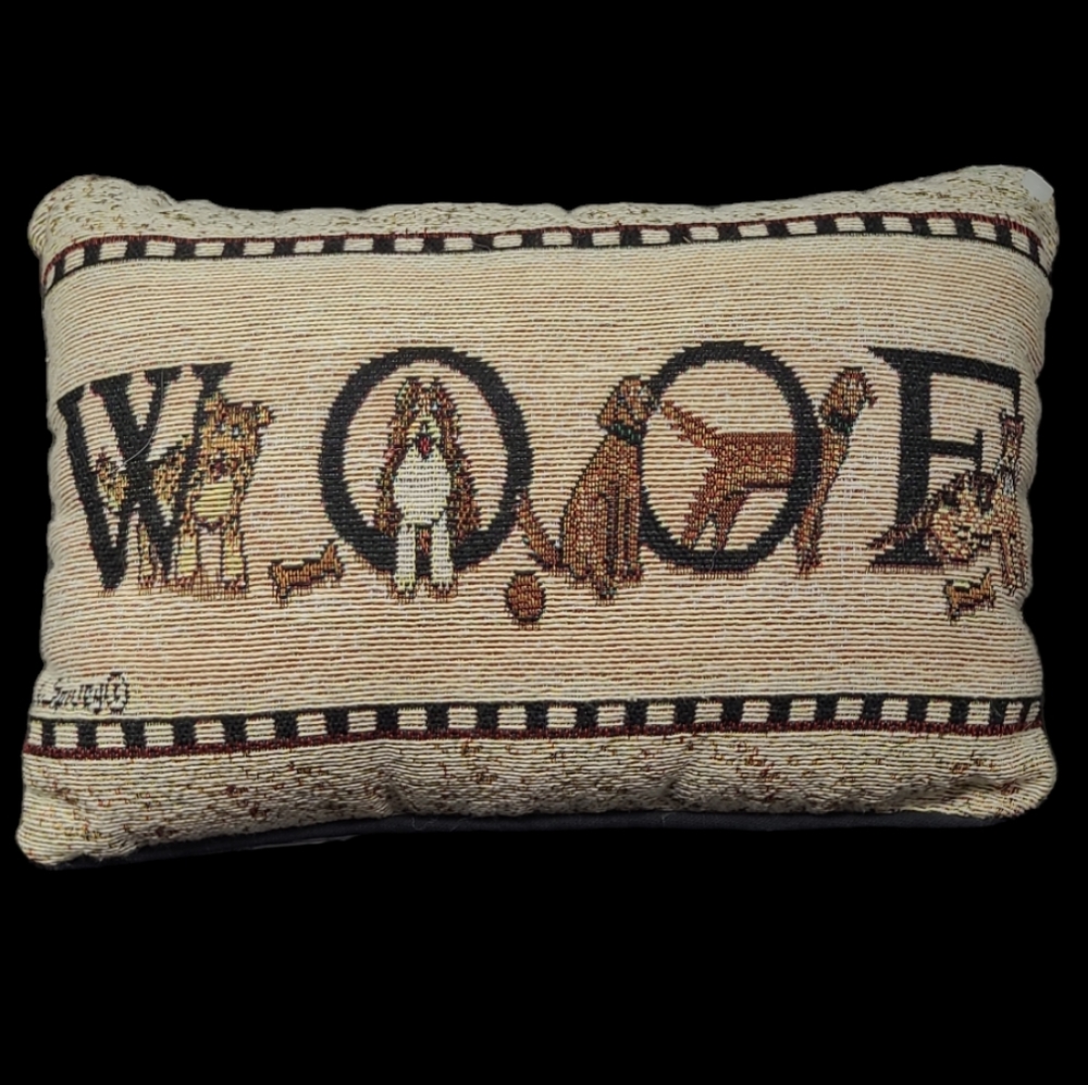 "WOOF" DOG THEMED TAPESTERY DECORATIVE PILLOW